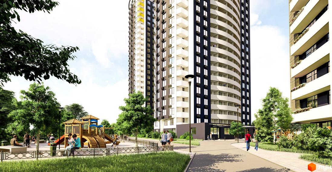Житловий комплекс Райдужний: високі будинки з білими балконами та темними фасадами. Поруч дитячий майданчик та зелена зона для відпочинку.