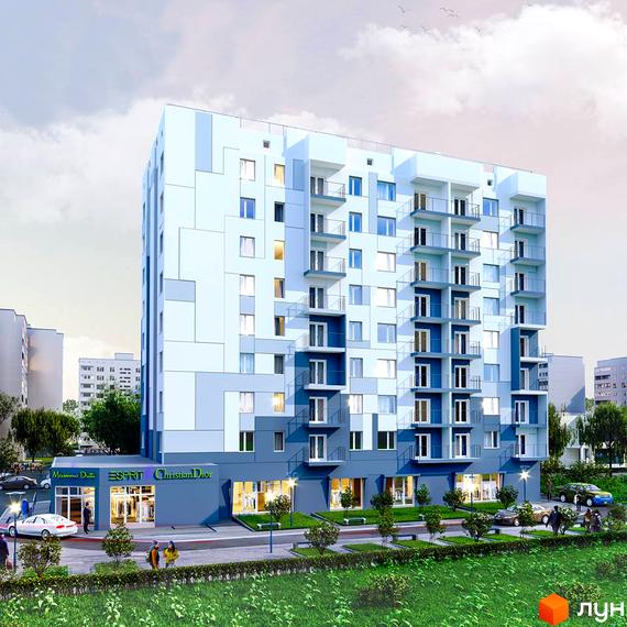 Зображення фасаду багатоповерхового будинку в Житловому районі Варшавський з магазинами на першому поверсі та озелененою територією.