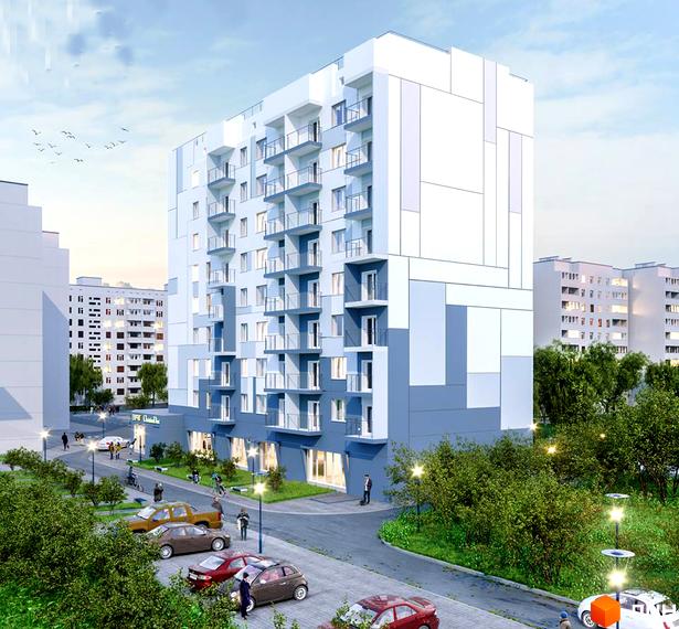 Зображення багатоповерхового будинку в Житловому комплексі Варшавський. Вигляд фасаду та прибудинкової території.