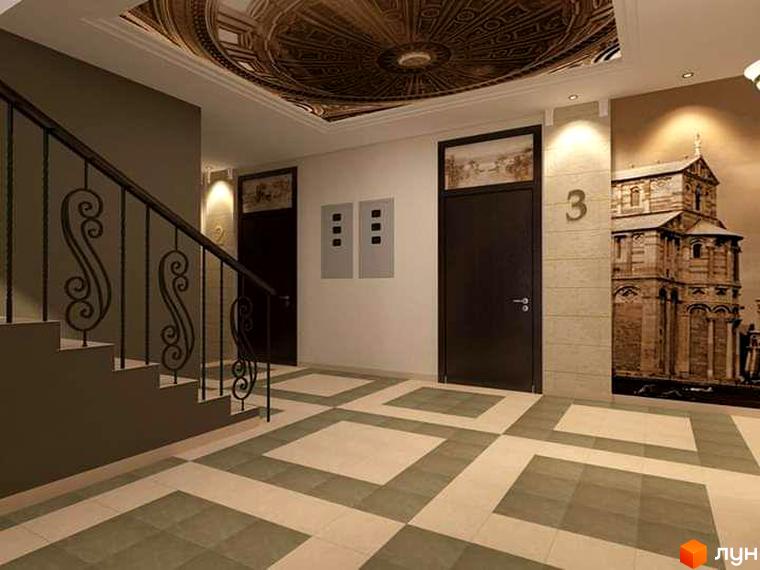 Інтер'єр під'їзду житлового комплексу Будинок на Волошина з дверима, сходами та оздобленням стін зображенням старовинної будівлі. Підлога з плитки з геометричним візерунком.