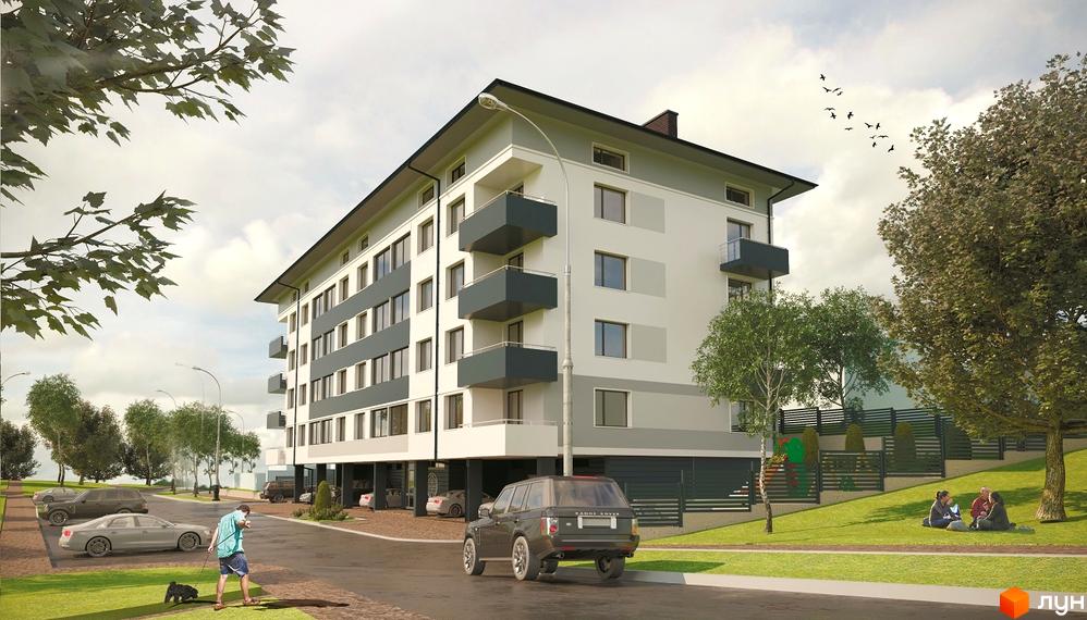 Зображення фасаду та прибудинкової території Житлового комплексу Срібний Дім Фамілія. На передньому плані припарковані автомобілі та пішохід.