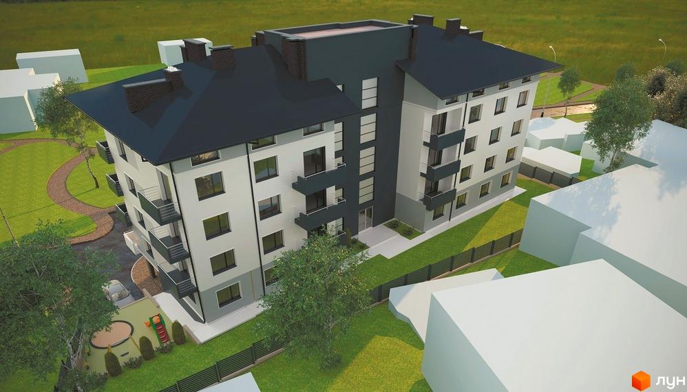 Зображення фасаду та прибудинкової території Житлового району Срібний Дім Фамілія. На території є дитячий майданчик та зелені насадження.