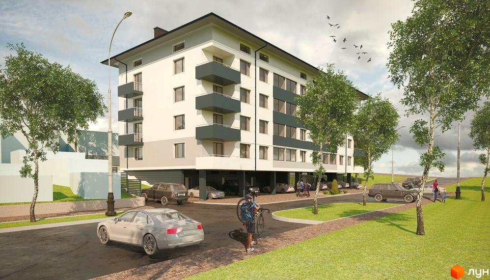 Зображення фасаду та прибудинкової території Житлового комплексу Срібний Дім Фамілія. На передньому плані автомобілі та пішоходи.