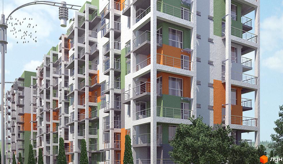 Зображення фасаду будинку по вул. Героїв Майдану, 230а. Багатоповерхова новобудова з балконами та зеленими насадженнями.