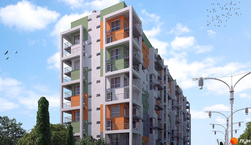 Зображення фасаду будинку на вул. Героїв Майдану, 230а. Багатоповерхова будівля з балконами, пофарбована у білий, зелений та помаранчевий кольори.