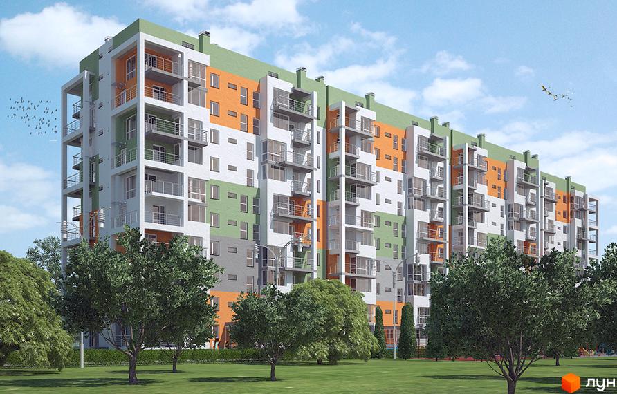 Зображення фасаду багатоповерхового будинку на вул. Героїв Майдану, 230а. На передньому плані зелені дерева та газон.