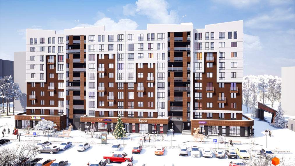 Житловий комплекс Олімп з коричнево-білим фасадом та численними вікнами. Навколо засніжена територія з деревами, святковою ялинкою та автомобілями.