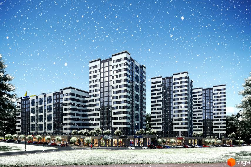 Новобудова ЖК Chehov Парк Квартал у Києві взимку. Сучасні багатоповерхові будинки з панорамними вікнами та комерційними приміщеннями на першому поверсі. Прибудинкова територія з деревами та парковкою.