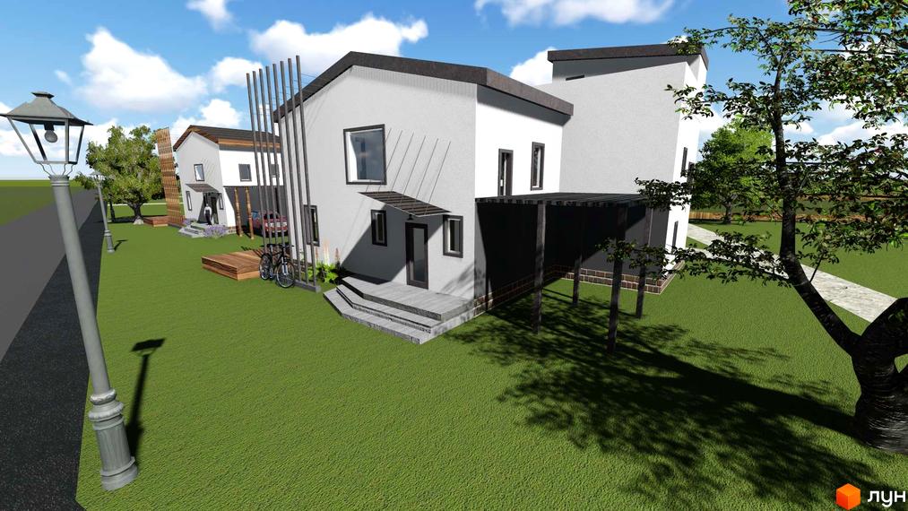 Зображення будинку в Котеджному містечку Осокорки Residence з прибудинковою територією та зеленим газоном. На задньому плані видно інші будівлі.