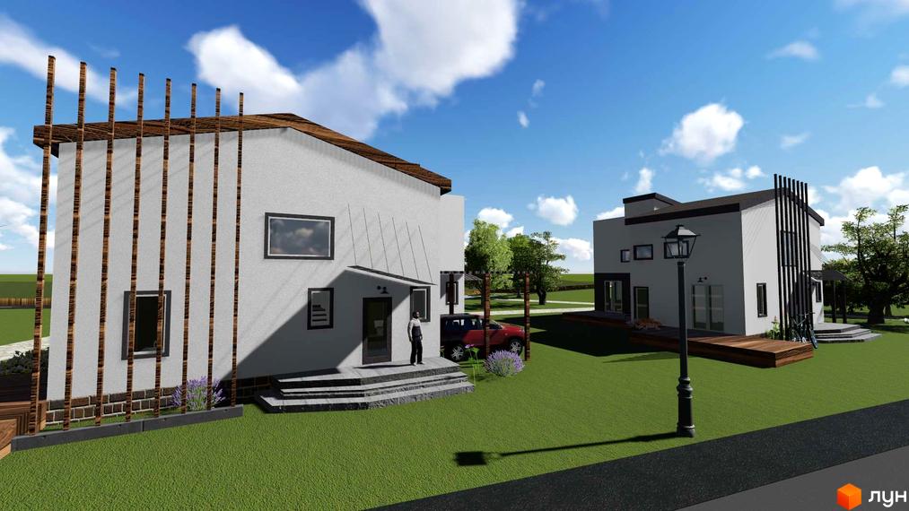 Зображення Котеджного містечка Осокорки Residence з двома будинками та зеленим газоном. На передньому плані – тротуар та ліхтар.