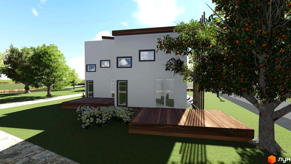 Зображення будинку в Котеджному містечку Осокорки Residence. Навколо будинку зелена трава та дерева.