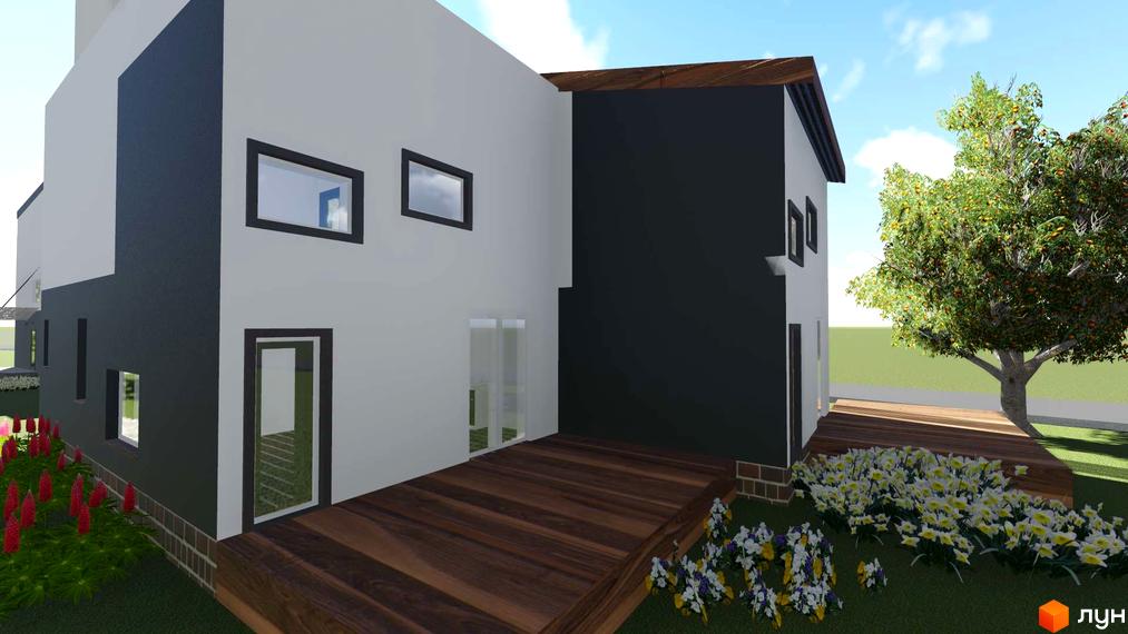 Зовнішній вигляд будинку в Котеджному містечку Осокорки Residence з дерев'яним майданчиком та квітами на прибудинковій території.