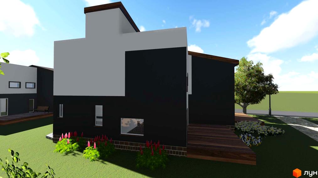 Зовнішній вигляд будинку в Котеджному містечку Осокорки Residence з чорно-білим фасадом. Навколо будинку зелений газон та декоративні квіти.