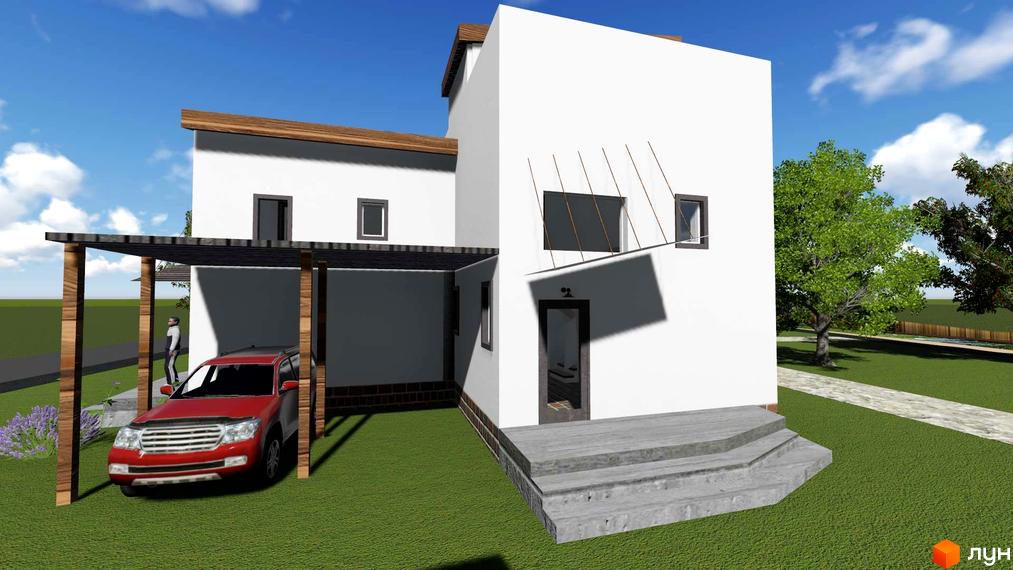 Зображення будинку в Котеджному містечку Осокорки Residence з автомобілем на подвір'ї. Вигляд фасаду та прилеглої території.