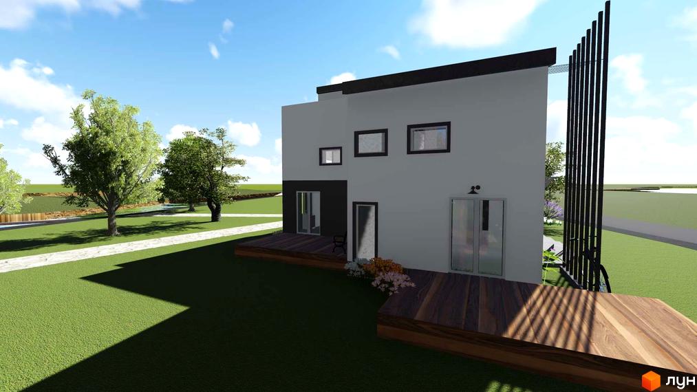 Зображення будинку в Котеджному містечку Осокорки Residence з великими вікнами та дерев'яною терасою. Навколо будинку зелений газон та дерева.