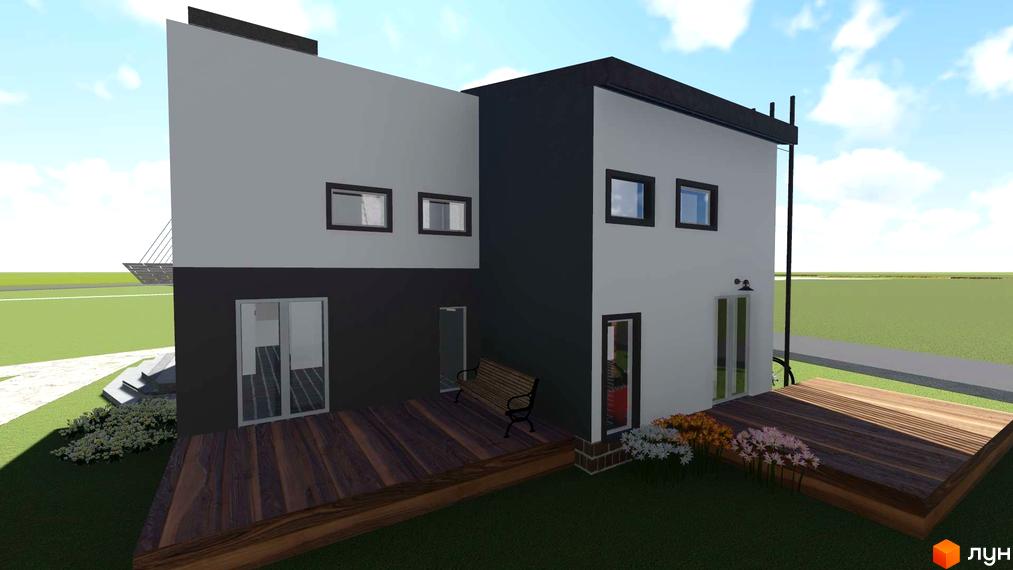 Зображення будинку в Котеджному містечку Осокорки Residence з терасою та ландшафтним дизайном. Вигляд екстер'єру будівлі та прибудинкової території.