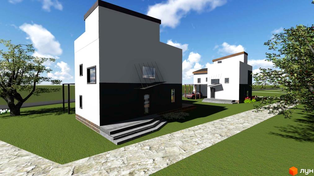 Зображення Котеджного містечка Осокорки Residence з двоповерховими будинками та зеленим газоном. Вигляд ззовні.