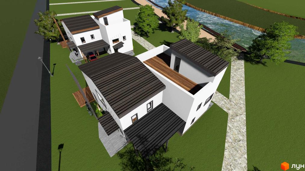 Візуалізація Котеджного містечка Осокорки Residence з двоповерховими будинками та зеленим газоном. Поруч річка та пішохідна доріжка.