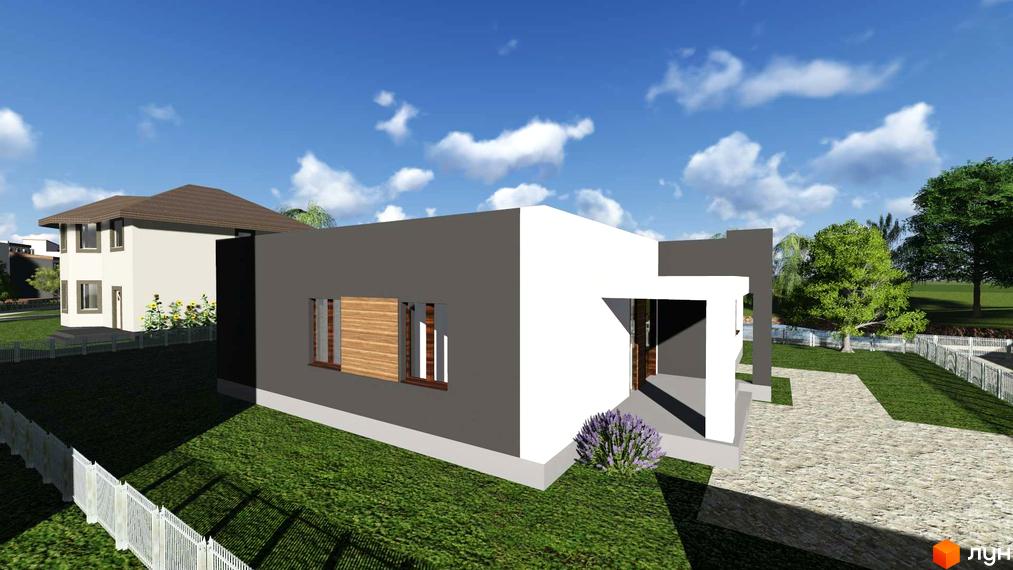 Зображення будинку в Котеджному містечку Осокорки Residence. Навколо будинку зелений газон та брукована дорога.