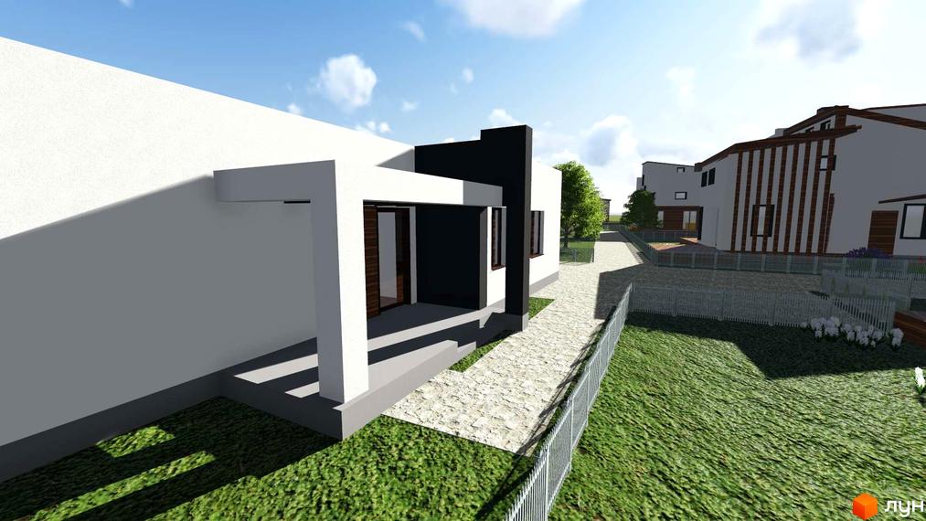 Зображення будинку в Котеджному містечку Осокорки Residence. Навколо будинку зелена трава та пішохідна доріжка.