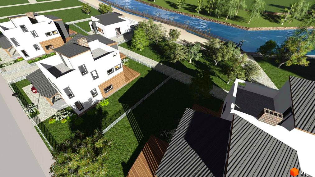 Вигляд Котеджного містечка Осокорки Residence з висоти пташиного польоту: білі будинки з темними дахами та зелена територія.