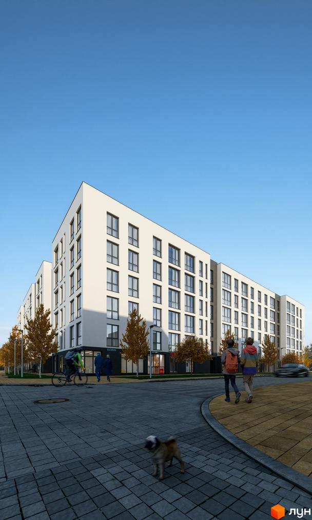 Зображення фасаду та прибудинкової території Житлового комплексу Globus Park. Багатоповерхова будівля з великою кількістю вікон та пішохідною зоною.