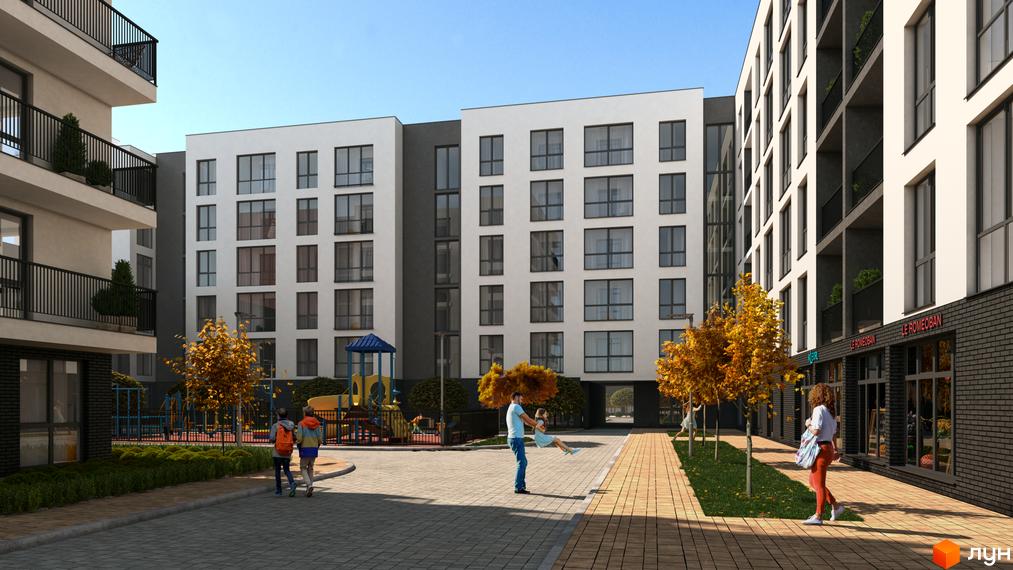 Зображення житлового комплексу Globus Park з дитячим майданчиком та людьми. Вигляд новобудови ззовні та прибудинкова територія.