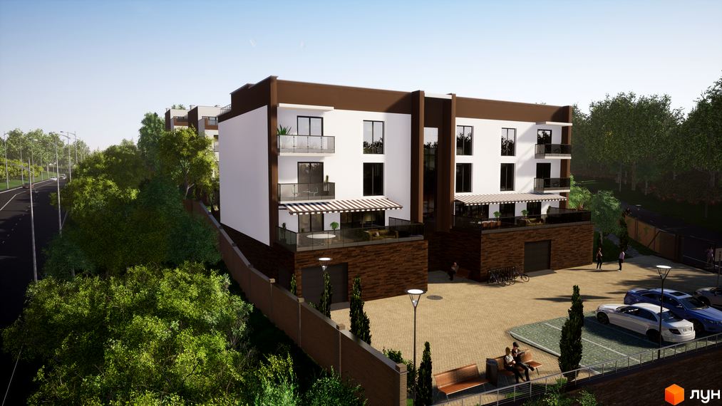 Таунхауси Sunny Village: триповерхові будинки з балконами та терасами, парковка з автомобілями та зелена зона з лавками.