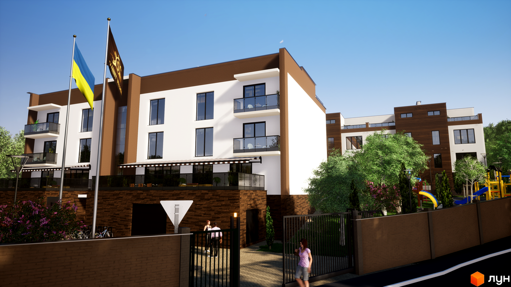 Таунхауси Sunny Village – двоповерхові будинки з білими фасадами та коричневими елементами. Прибудинкова територія включає дитячий майданчик та зелені насадження.