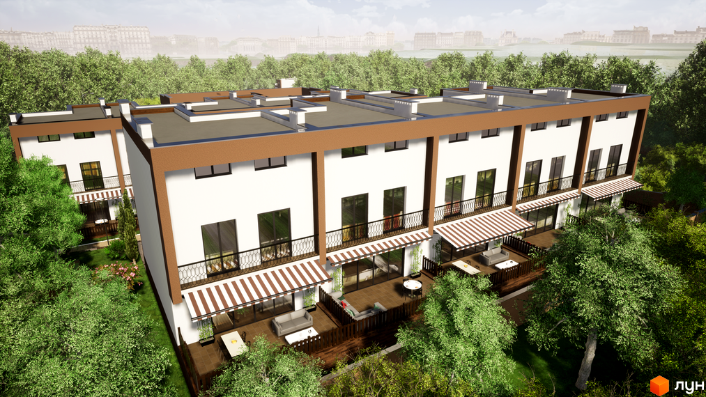 Таунхауси Sunny Village з білими фасадами та коричневими елементами. Навколо зелена територія з деревами та зонами відпочинку на терасах.