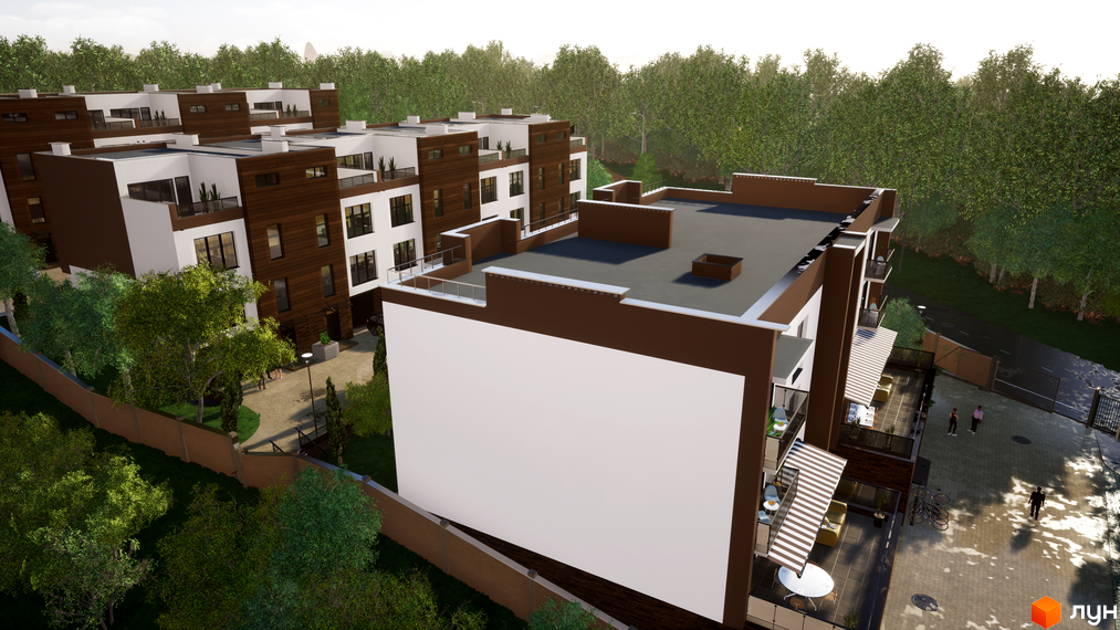 Зовнішній вигляд таунхаусів Sunny Village з коричневими та білими фасадами. На прибудинковій території видно дерева, доріжки та людей.