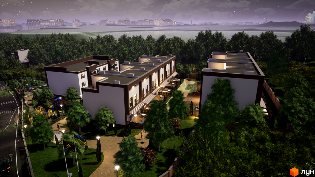 Таунхауси Sunny Village. Зовнішній вигляд новобудови з терасами та вікнами, прибудинкова територія з дитячим майданчиком та деревами.