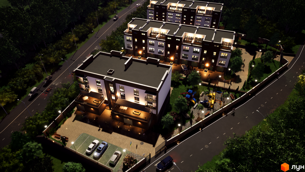 Таунхауси Sunny Village – це сучасна житлова забудова з акуратними фасадами та добре облаштованою прибудинковою територією з дитячим майданчиком та парковкою.