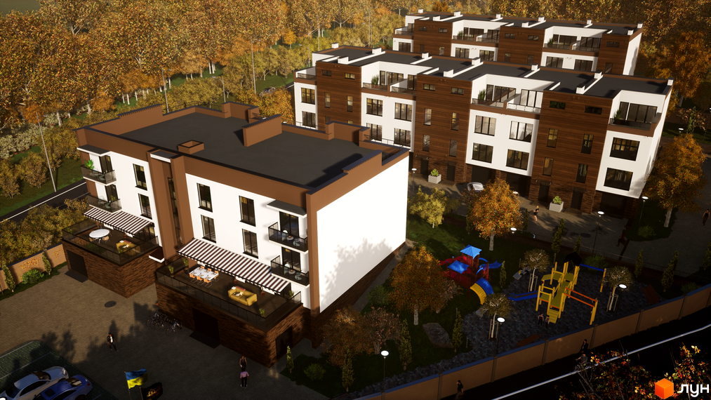 Таунхауси Sunny Village з коричневими та білими фасадами, балконами та терасами. Поруч дитячий майданчик та осінні дерева.