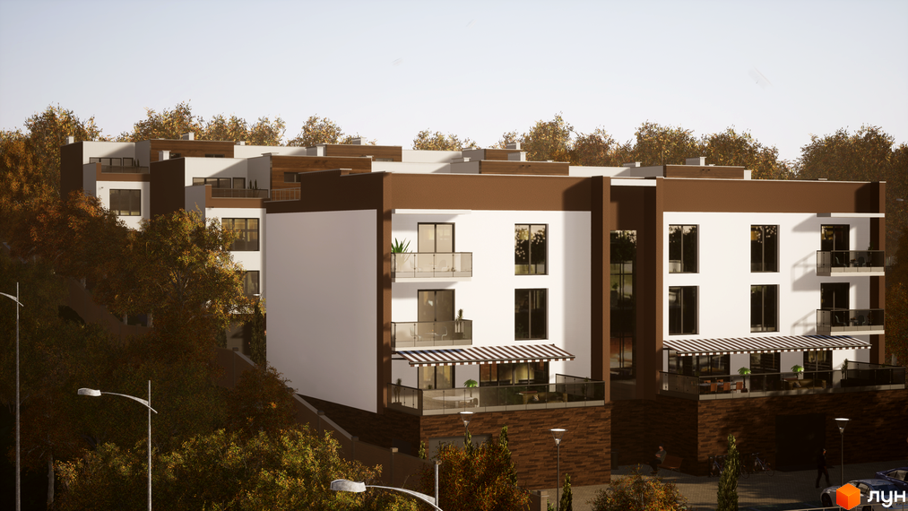 Таунхауси Sunny Village – сучасна архітектура з коричневими та білими фасадами. Навколо зелені дерева та облаштована територія.
