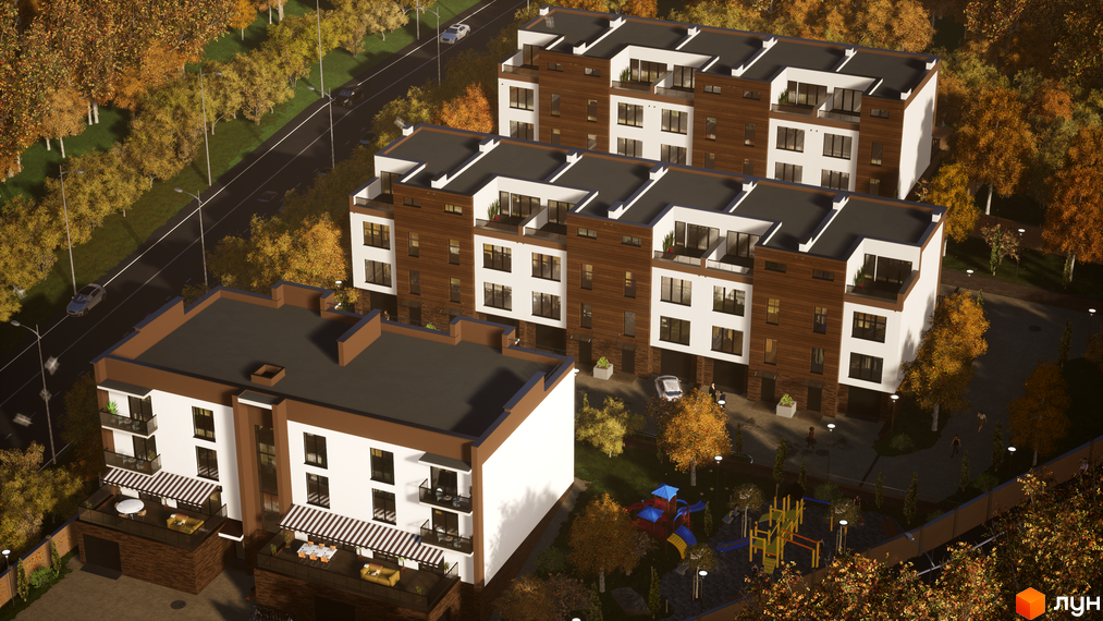 Таунхауси Sunny Village з біло-коричневим фасадом та балконами, розташовані біля дороги з деревами та дитячим майданчиком. Зовнішній вигляд новобудови та прибудинкова територія.