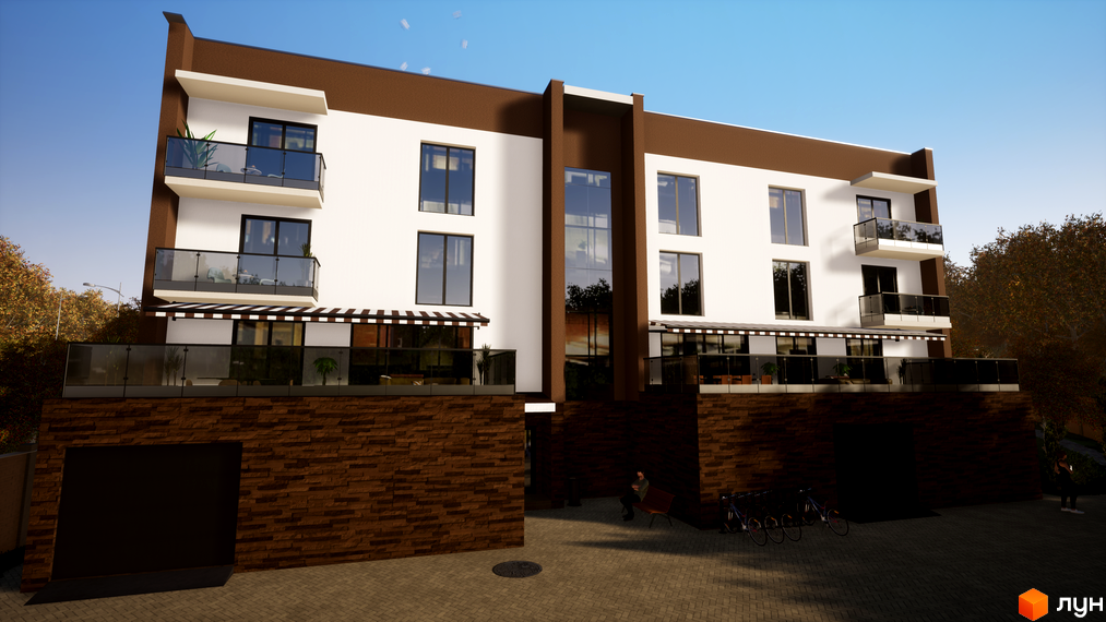 Таунхауси Sunny Village – триповерхові будинки з коричневими та білими фасадами, балконами та великими вікнами. Перед будинками розташована брукована площадка з велосипедами та лавкою.