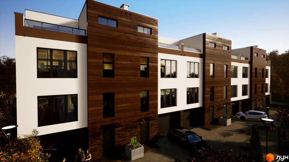 Таунхауси Sunny Village з коричневою та білою обробкою, великими вікнами та скляними балконами. Прибудинкова територія з паркуванням та зеленими насадженнями.