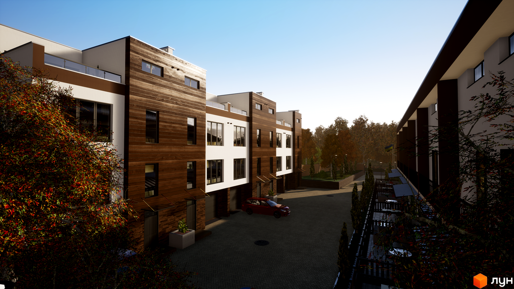 Таунхауси Sunny Village з дерев'яним фасадом та панорамними вікнами. Прибудинкова територія з деревами та місцями для відпочинку.