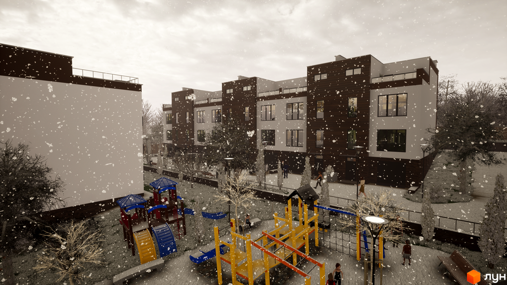 Таунхауси Sunny Village: сучасні триповерхові будинки з великими вікнами. На прибудинковій території дитячий майданчик та зони відпочинку.