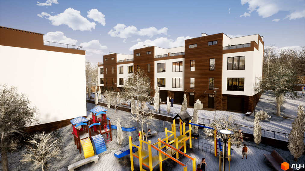 Зовнішній вигляд таунхаусів Sunny Village з дерев'яним оздобленням та білими фасадами. На прибудинковій території розташований дитячий майданчик та дерева.
