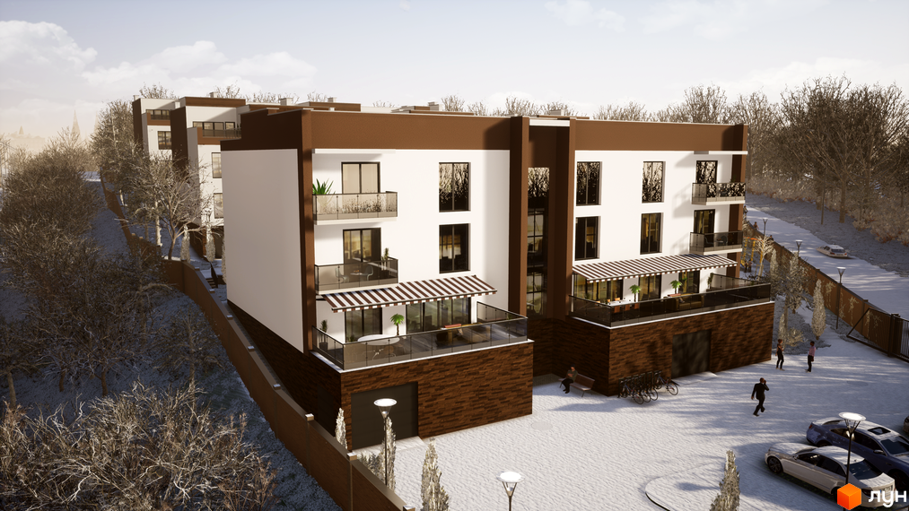 Таунхауси Sunny Village з біло-коричневими фасадами та скляними балконами. Прибудинкова територія вкрита снігом, є парковка та дерева.