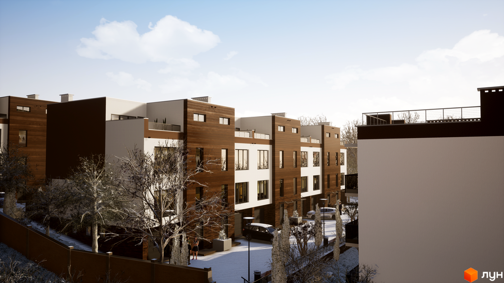 Таунхауси Sunny Village з коричневим та білим фасадом, вікнами та балконами. На прибудинковій території видно дерева та автомобілі.