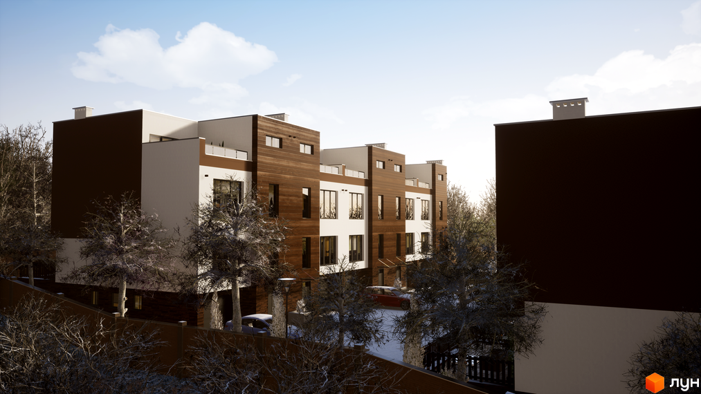 Таунхауси Sunny Village з коричневим та білим фасадом, вікнами та дерев'яною обшивкою. Навколо будівель дерева та засніжена територія.