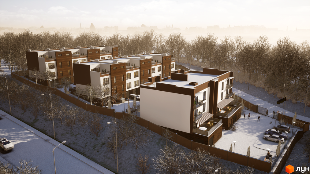 Таунхауси Sunny Village з коричневими та білими фасадами, розташовані серед дерев. На прибудинковій території видно паркінг з автомобілями та доглянутий двір.