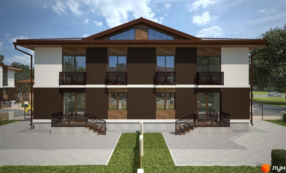 Котеджне містечко Eurovillage: двоповерхові будинки з коричневої цегли та білої штукатурки, з балконами та великими вікнами. Навколо будівель – доглянута прибудинкова територія з газоном та бруківкою.