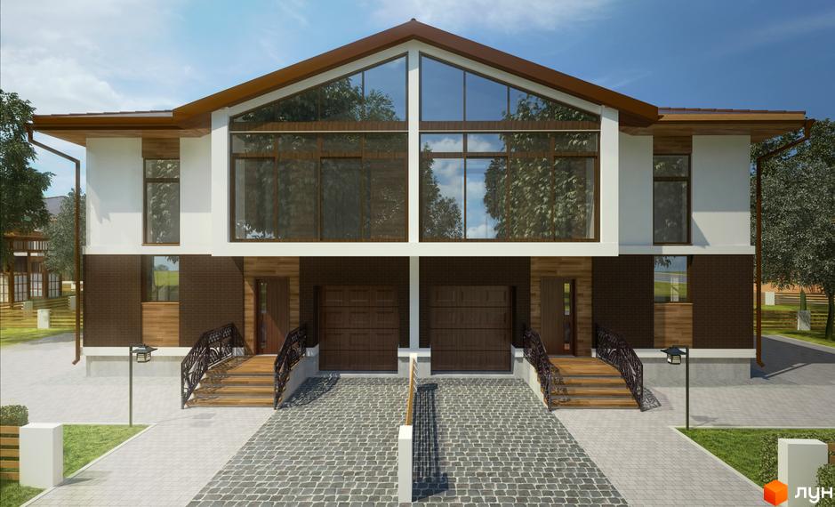 КМ Eurovillage: двоповерхові будинки з великими вікнами та двосхилими дахами, з цегляним та дерев'яним оздобленням фасаду. Перед будинками розташовані бруковані доріжки та зелені газони.