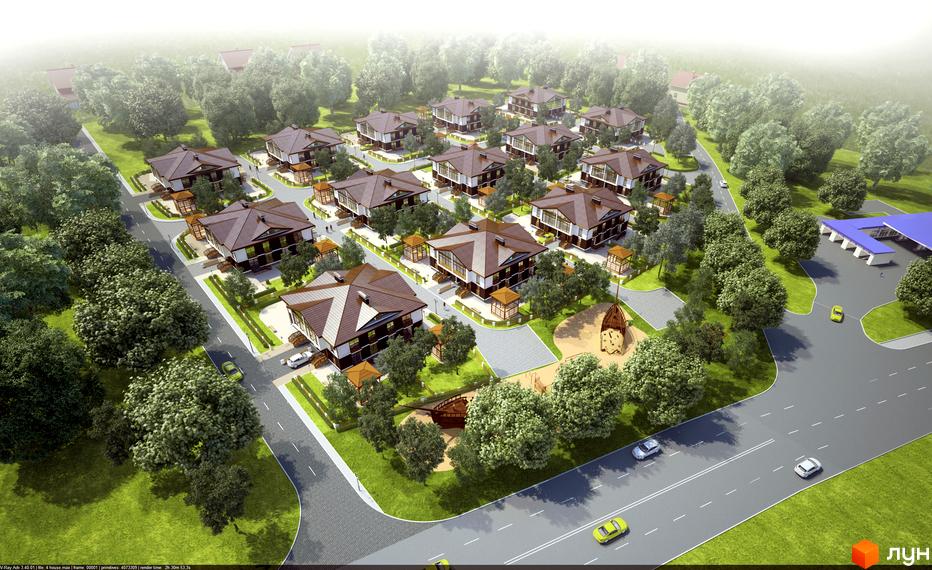 Котеджне містечко Eurovillage: двоповерхові будинки з коричневими дахами та білими фасадами, розташовані серед дерев. На території є дитячий майданчик та парковка.