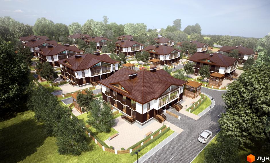 Котеджне містечко КМ Eurovillage: сучасні двоповерхові будинки з коричневими дахами та великими вікнами. Прибудинкова територія з доглянутими газонами, деревами та вимощеними доріжками.