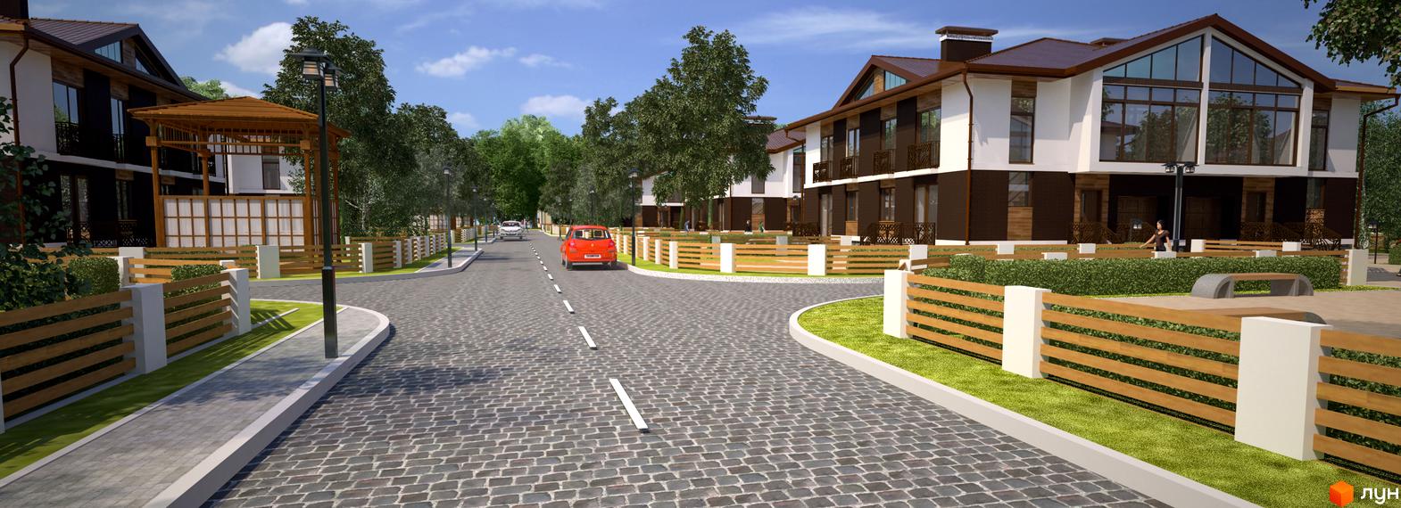 Котеджне містечко Eurovillage: фасади будинків з коричневою та білою обробкою, великі вікна, балкони. Прибудинкова територія з бруківкою, парканами, зеленими зонами та лавками.